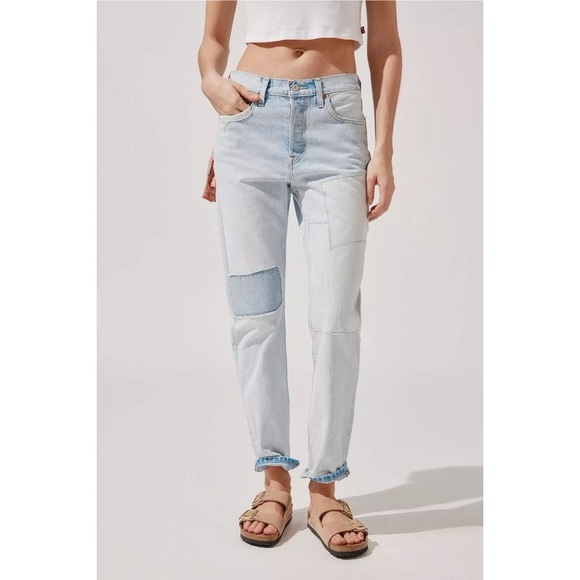 LEVIS 501 Crop Light Wash Patchwork Denim High-Rise Straight-Leg Jeans - Picture 2 of 12